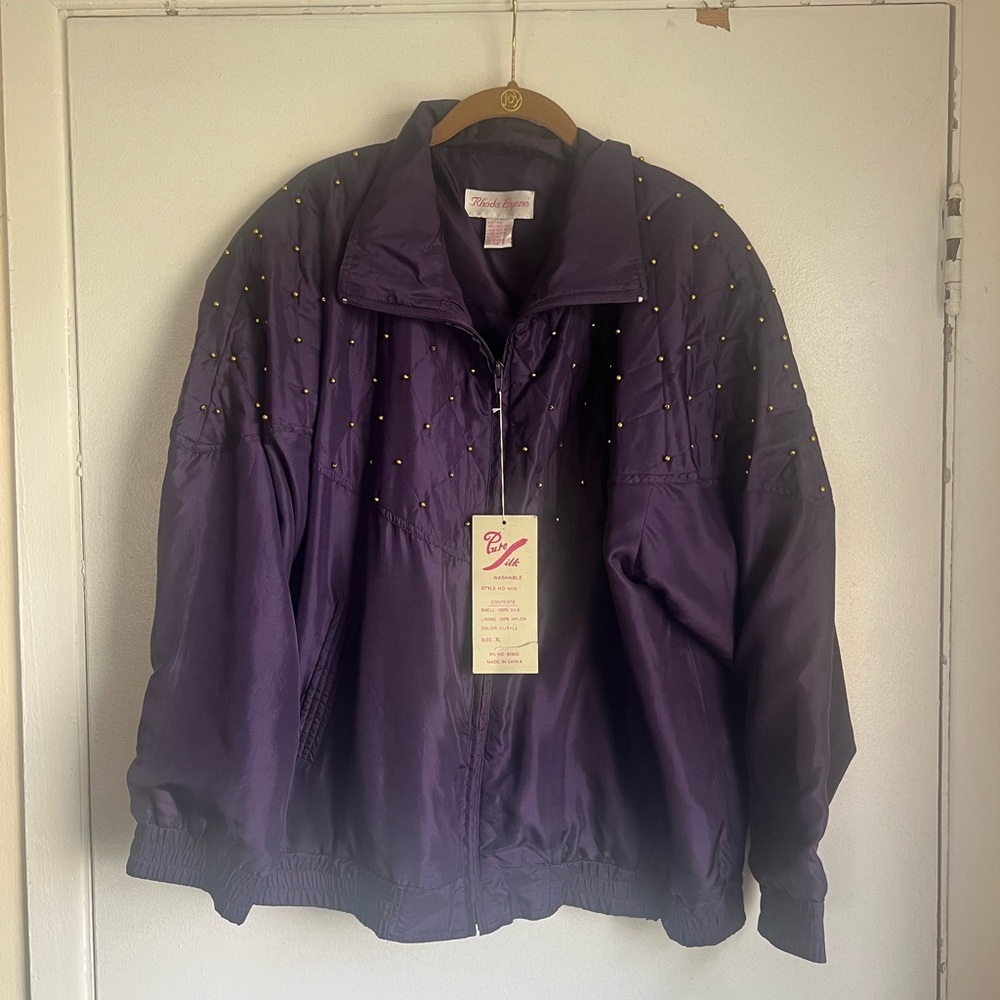 Rhonda Lynne Vintage 90's Purple 100% Silk Gold Beaded Bomber Jacket Size XL